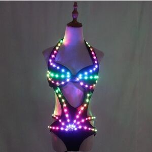 Black Strappy One-Piece Bodysuit Swimsuit Rave Outfit Size Medium LED light